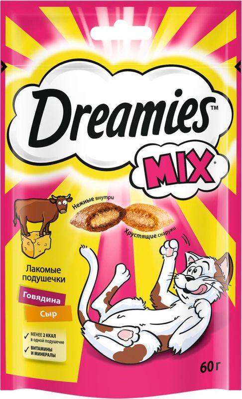 Лакомство Dreamies подушечки с говядиной и сыром для взрослых кошек 60г