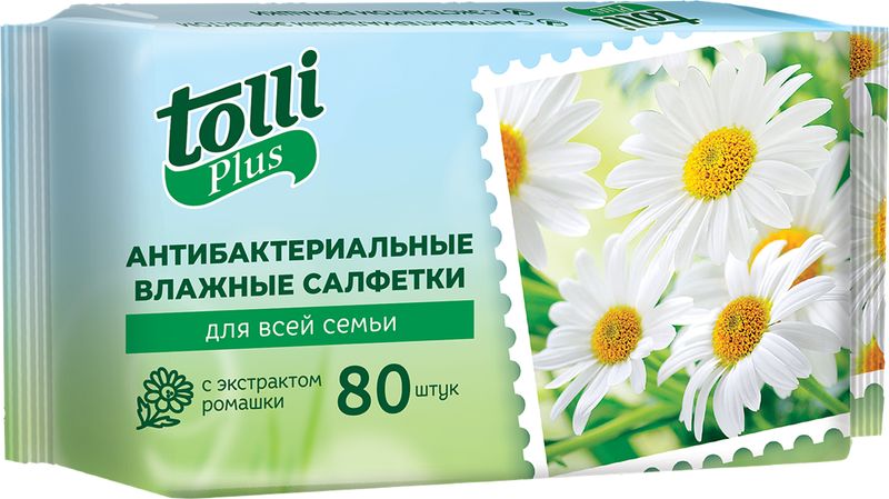 Салфетки влажные Tolli Plus антибактериальные с экстрактом ромашки 80шт