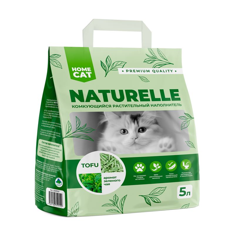 Наполнитель Homecat Naturelle Tofu Зеленый чай комкующийся растительный для кошачьих туалетов 5л